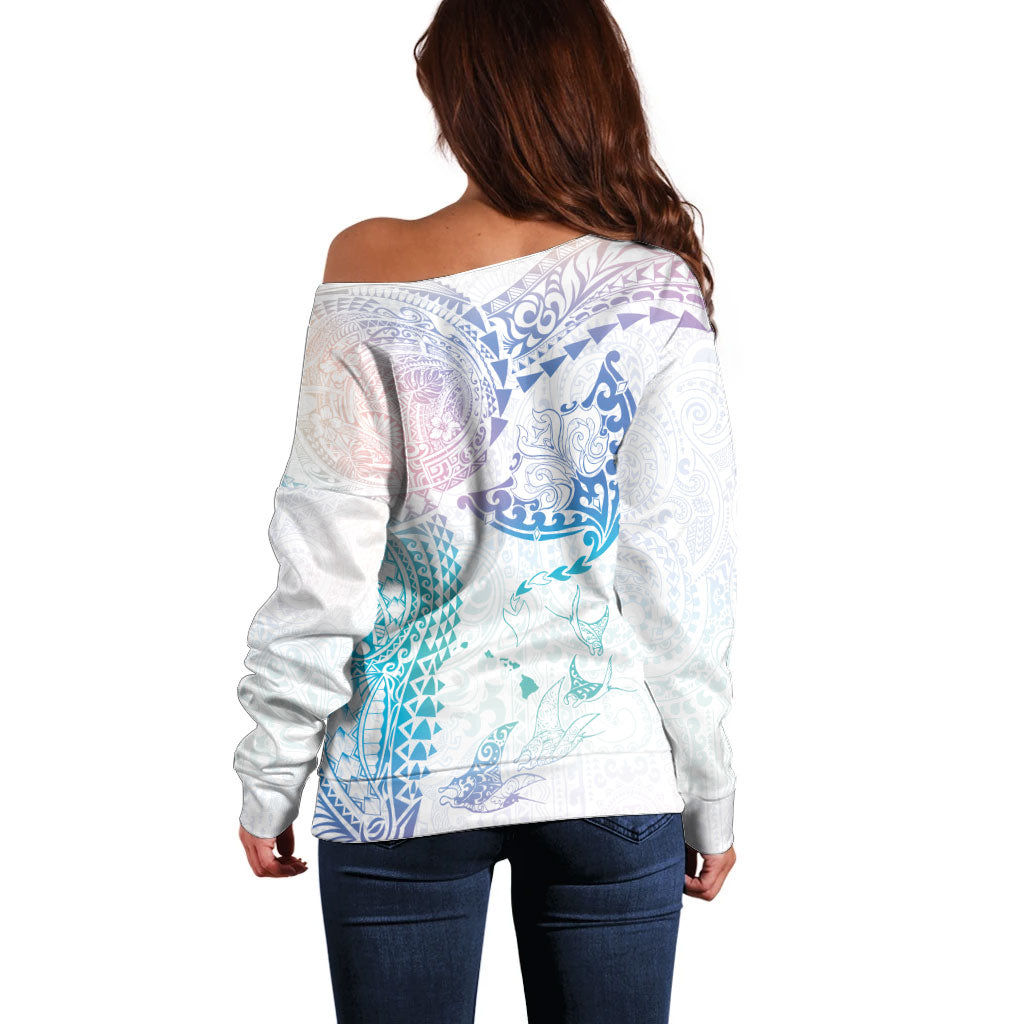 Hawaiian Manta Ray Tribal Off Shoulder Sweater Polynesian Art Motifs Sweet Pastel LT03 - Polynesian Pride