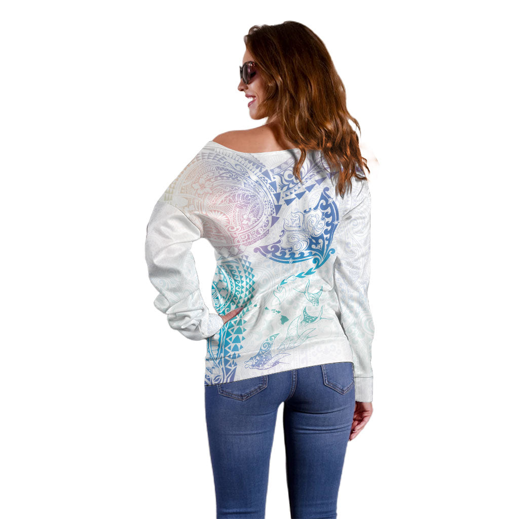 Hawaiian Manta Ray Tribal Off Shoulder Sweater Polynesian Art Motifs Sweet Pastel LT03 - Polynesian Pride