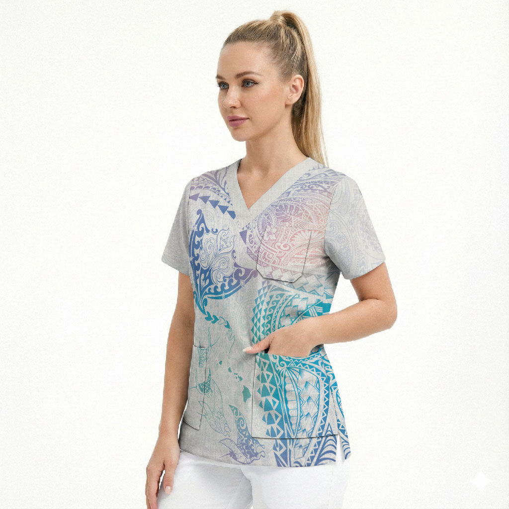 Hawaiian Manta Ray Tribal Scrub Top Polynesian Art Motifs Sweet Pastel