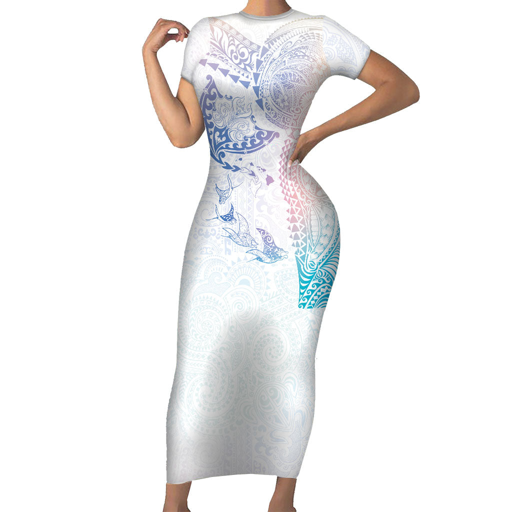 Hawaiian Manta Ray Tribal Short Sleeve Bodycon Dress Polynesian Art Motifs Sweet Pastel LT03 Long Dress Multicolor - Polynesian Pride