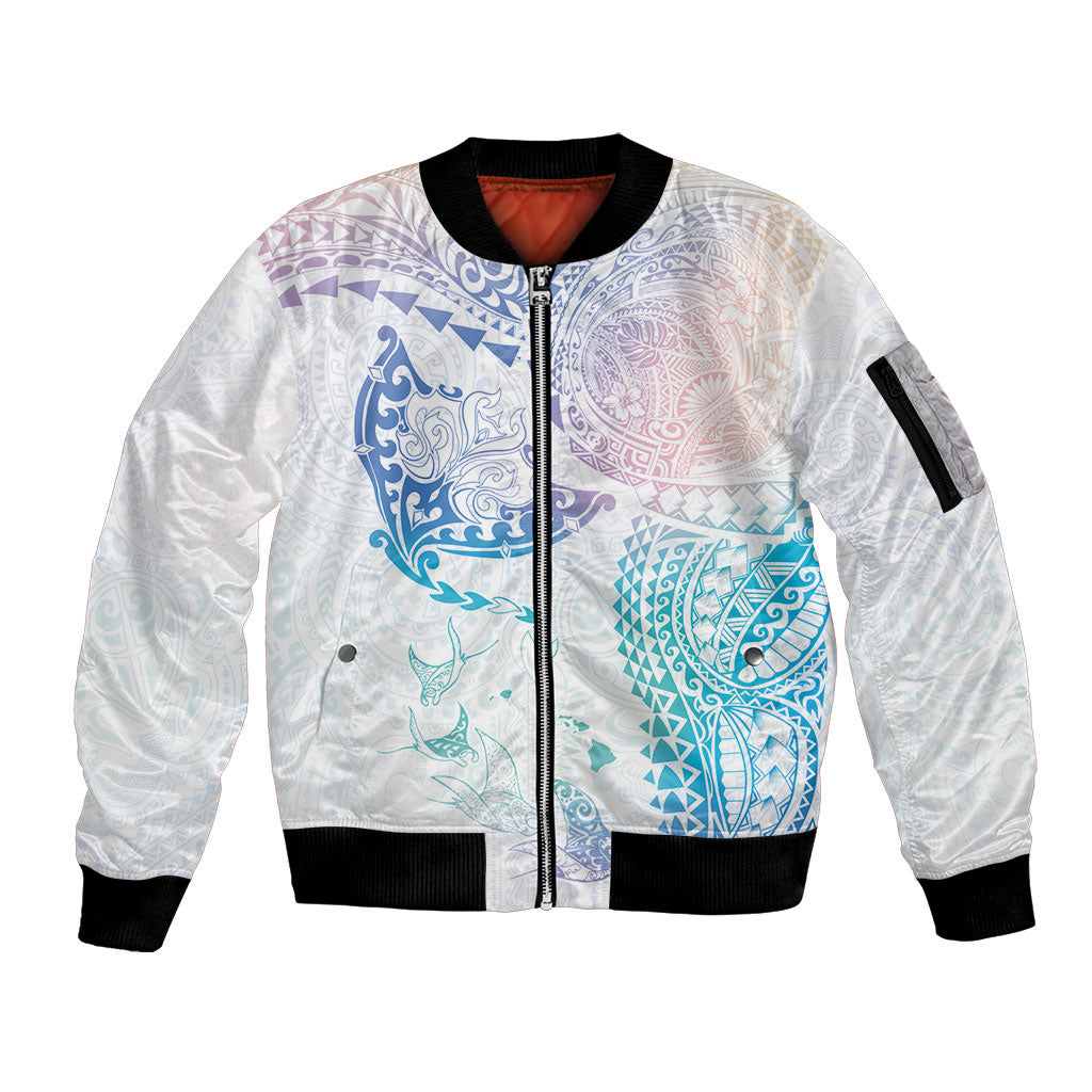 Hawaiian Manta Ray Tribal Sleeve Zip Bomber Jacket Polynesian Art Motifs Sweet Pastel LT03 Unisex Multicolor - Polynesian Pride