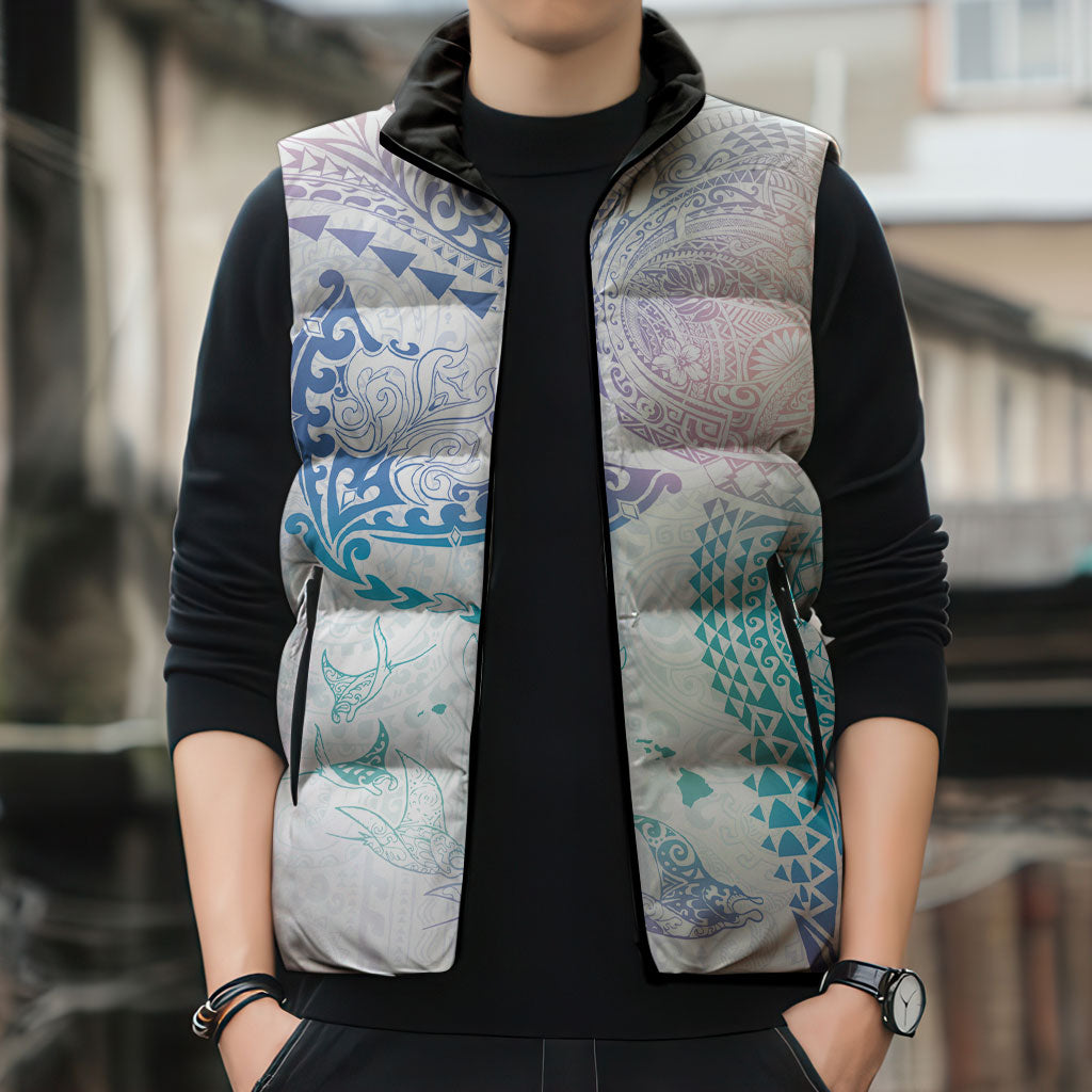 Hawaiian Manta Ray Tribal Sleeveless Puffer Jacket Polynesian Art Motifs Sweet Pastel LT03 - Polynesian Pride