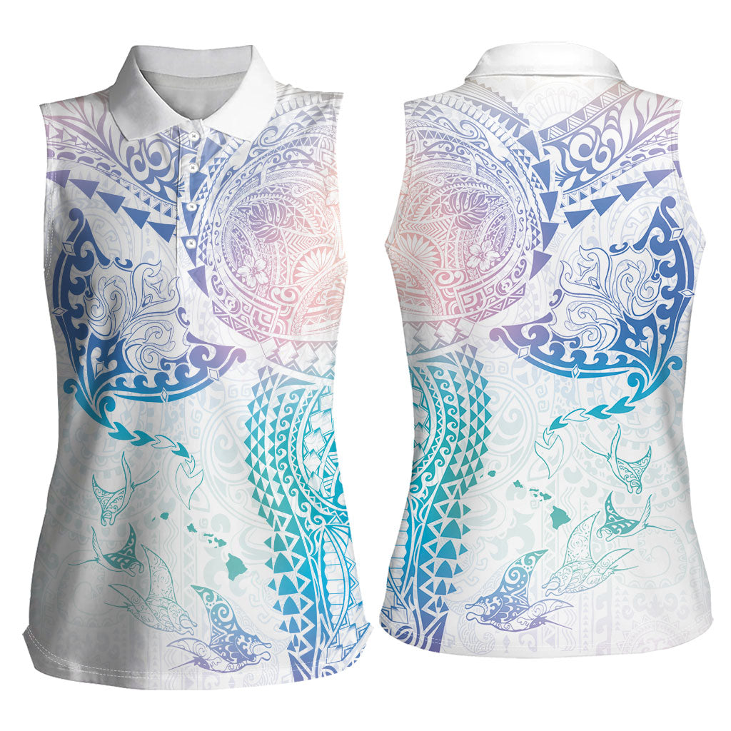 Hawaiian Manta Ray Tribal Women Sleeveless Polo Shirt Polynesian Art Motifs Sweet Pastel