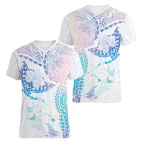Hawaiian Manta Ray Tribal Women V-Neck T-Shirt Polynesian Art Motifs Sweet Pastel