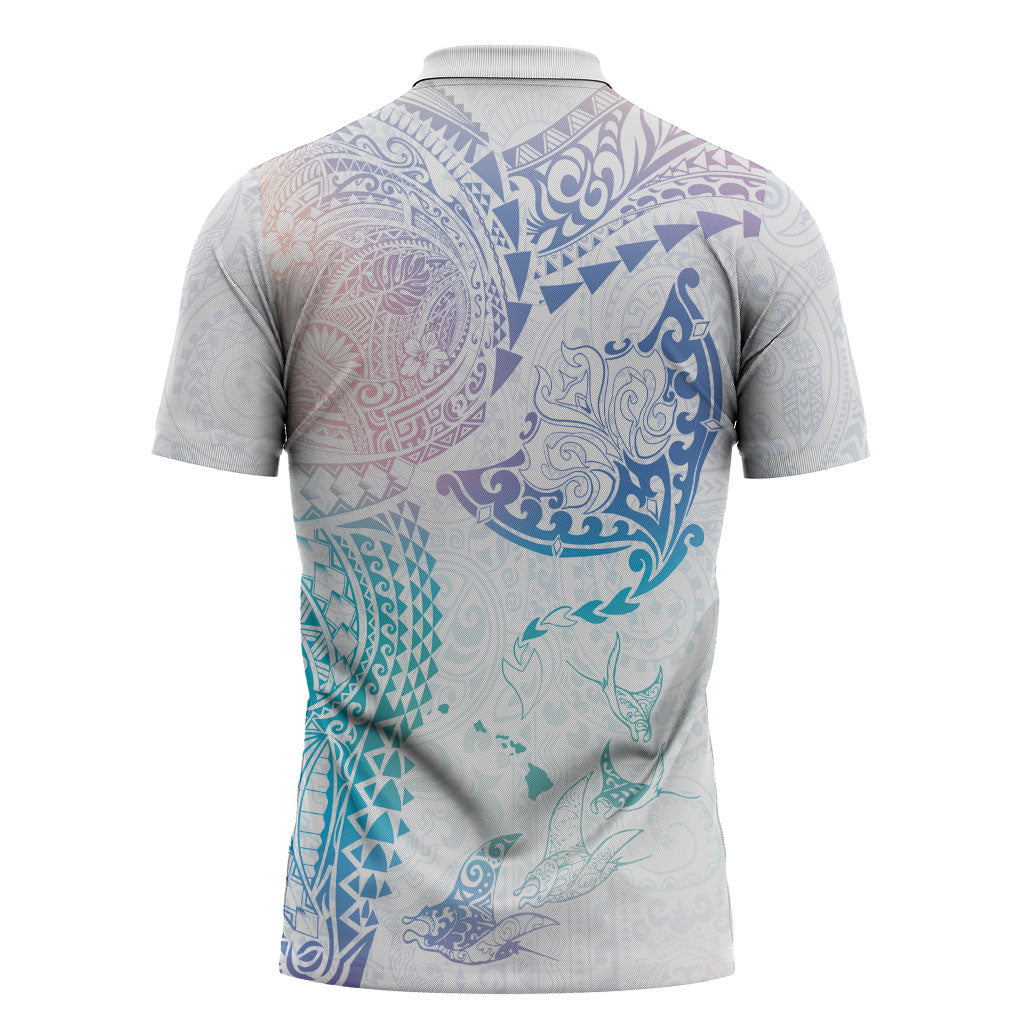 Hawaiian Manta Ray Tribal Zipper Polo Shirt Polynesian Art Motifs Sweet Pastel