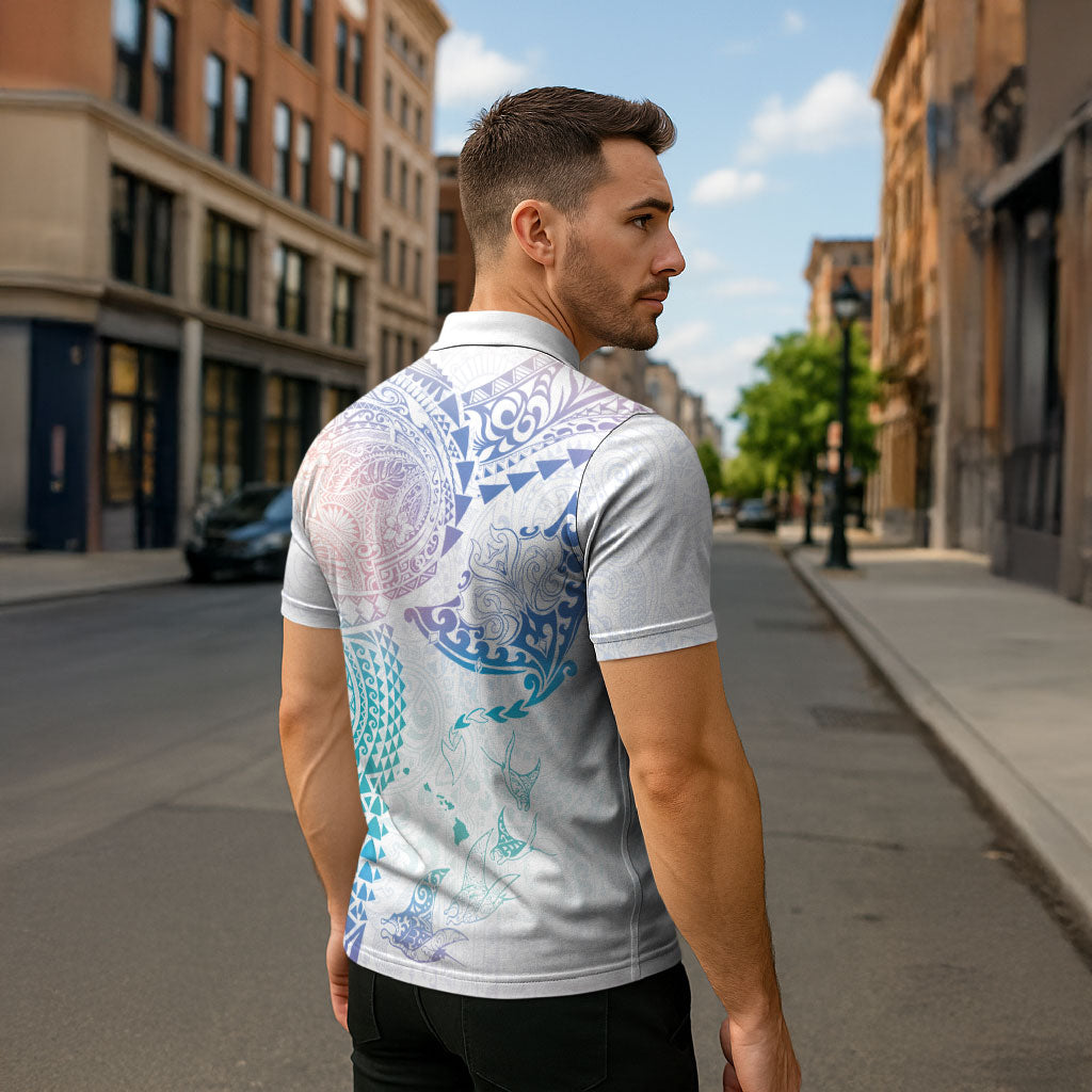 Hawaiian Manta Ray Tribal Zipper Polo Shirt Polynesian Art Motifs Sweet Pastel