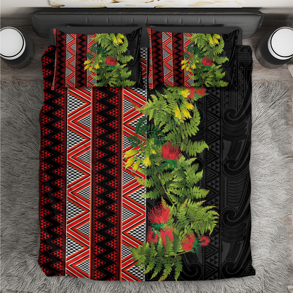 Maori Tukutuku Bedding Set with Ferns Pohutukawa and Kowhai Tribal Moko Patterns