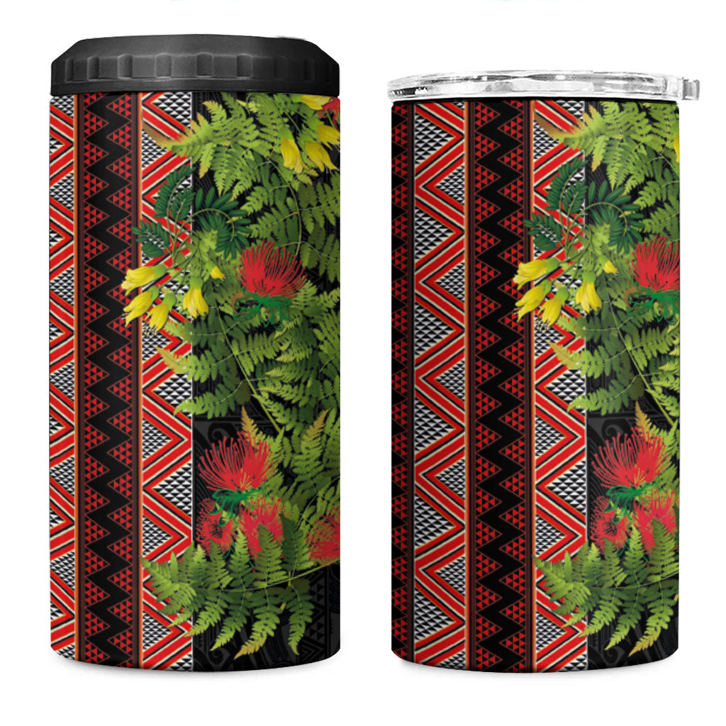 Maori Tukutuku 4 in 1 Can Cooler Tumbler with Ferns Pohutukawa and Kowhai Tribal Moko Patterns