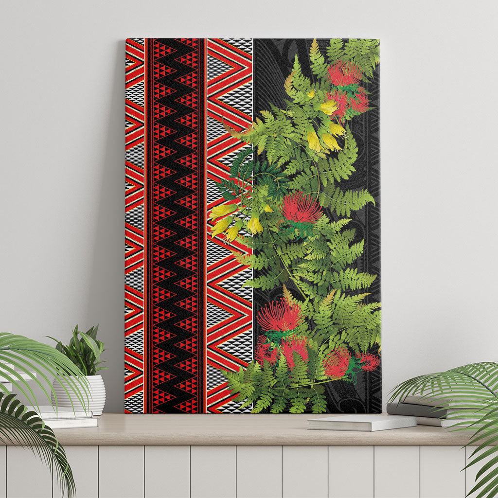Maori Tukutuku Canvas Wall Art with Ferns Pohutukawa and Kowhai Tribal Moko Patterns
