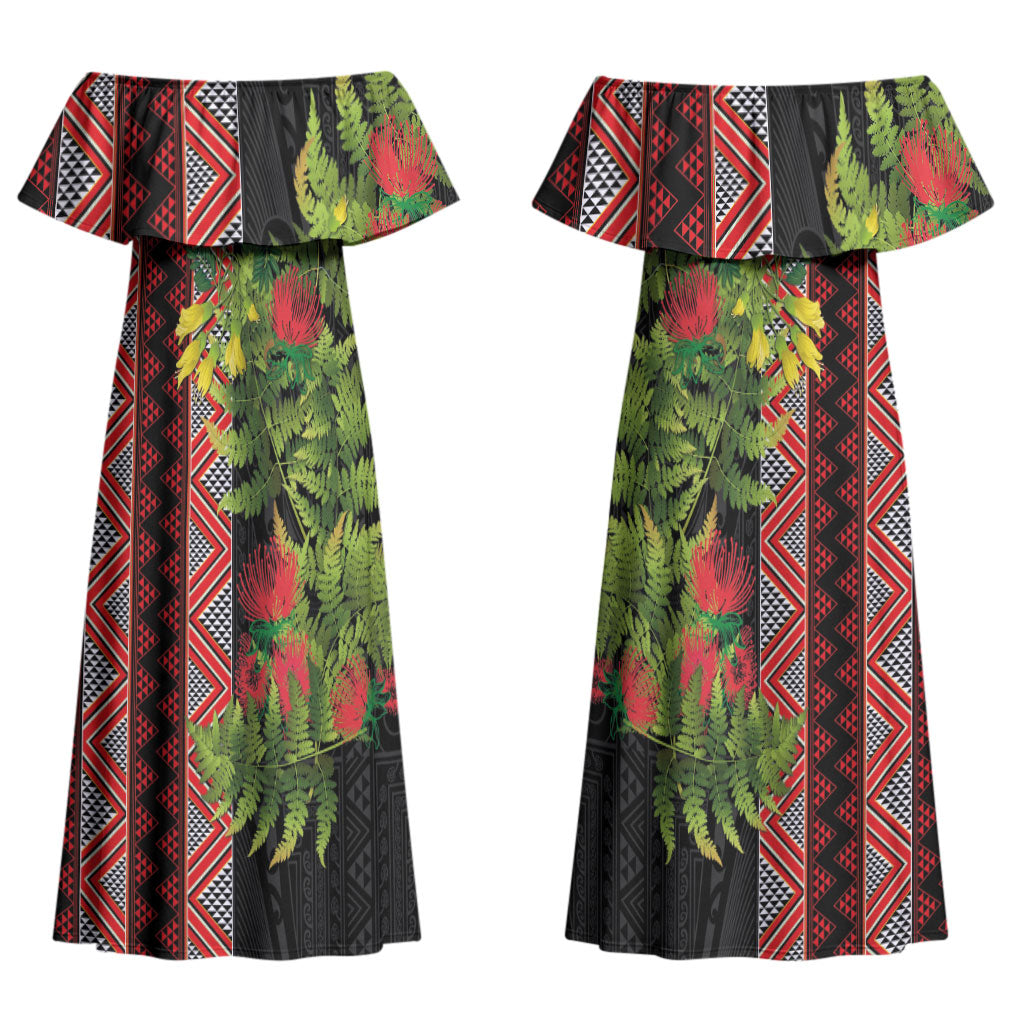 Maori Tukutuku Couples Matching Off Shoulder Maxi Dress and Long Sleeve Button Shirt with Ferns Pohutukawa and Kowhai Tribal Moko Patterns