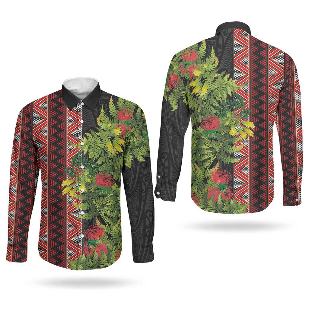 Maori Tukutuku Couples Matching Puletasi and Long Sleeve Button Shirt with Ferns Pohutukawa and Kowhai Tribal Moko Patterns