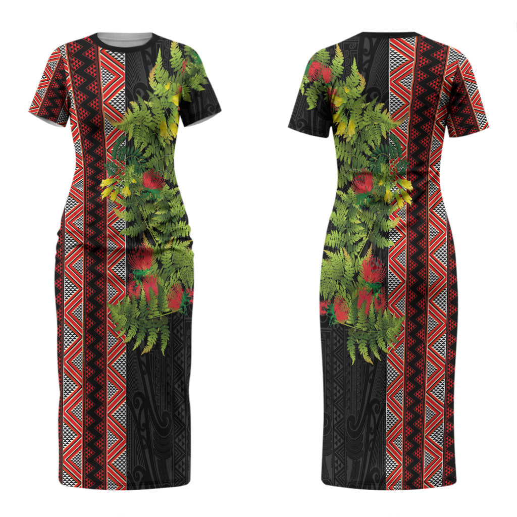 Maori Tukutuku Couples Matching Short Sleeve Bodycon Dress and Hawaiian Shirt with Ferns Pohutukawa and Kowhai Tribal Moko Patterns