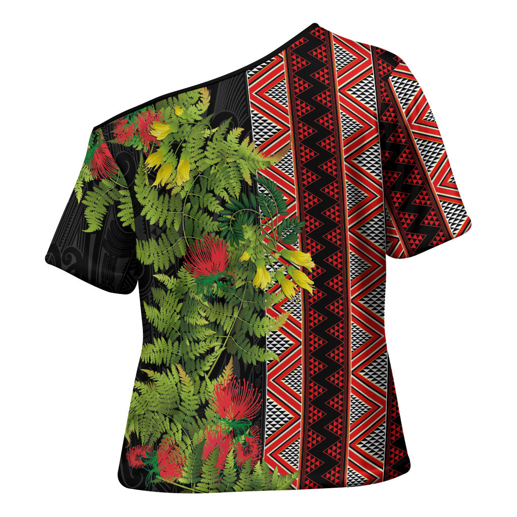 Maori Tukutuku Cross Shoulder Shirt with Ferns Pohutukawa and Kowhai Tribal Moko Patterns