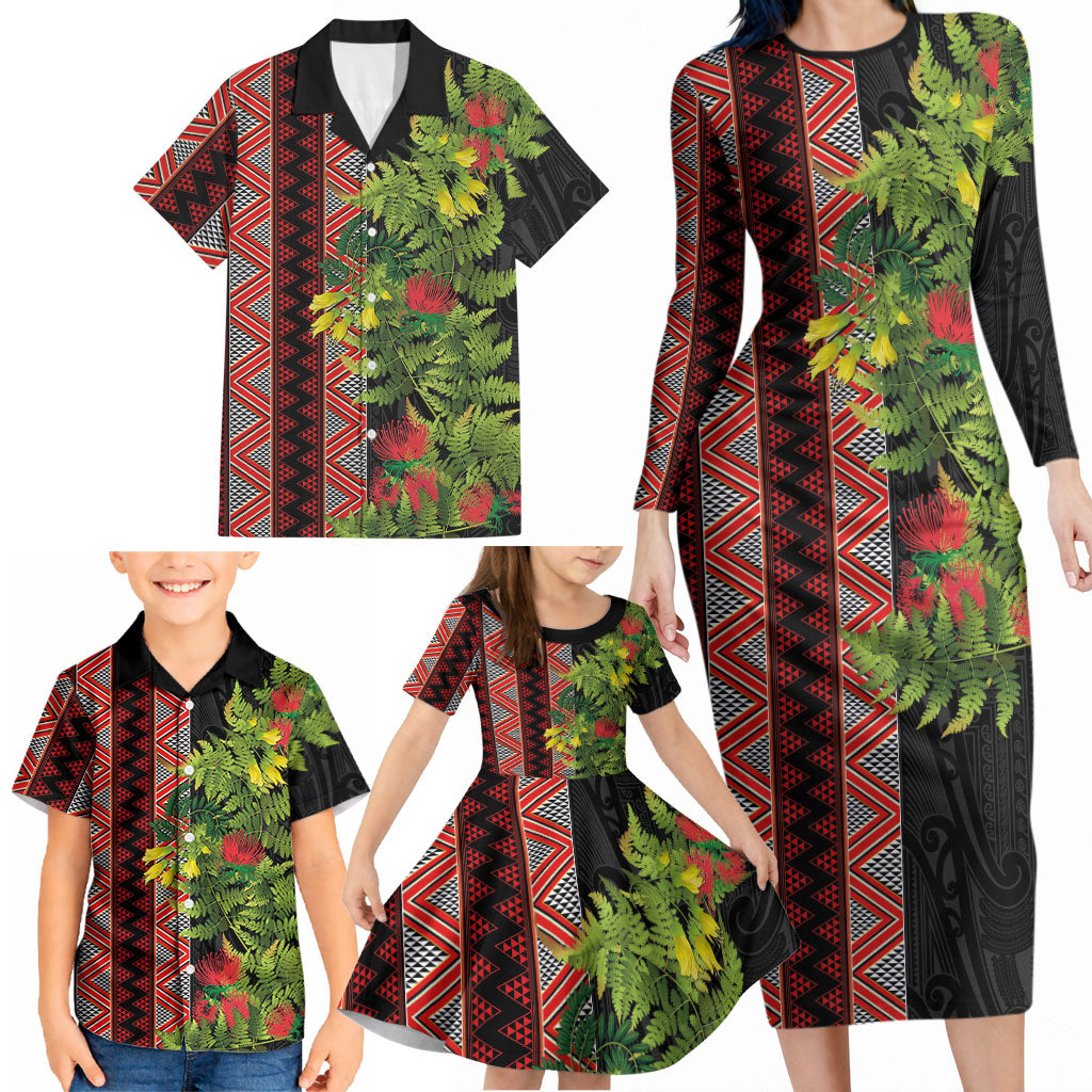 Maori Tukutuku Family Matching Long Sleeve Bodycon Dress and Hawaiian Shirt with Ferns Pohutukawa and Kowhai Tribal Moko Patterns