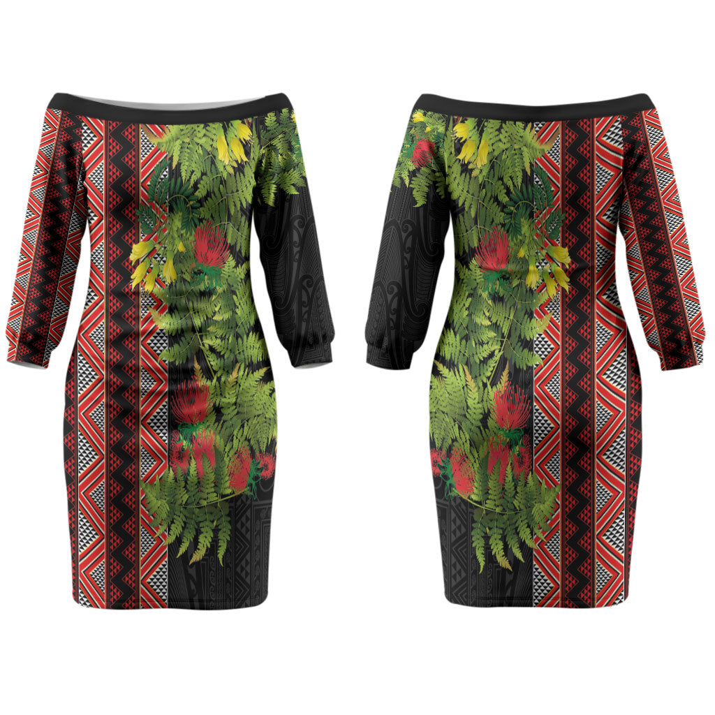 Maori Tukutuku Family Matching Off The Shoulder Long Sleeve Dress and Hawaiian Shirt with Ferns Pohutukawa and Kowhai Tribal Moko Patterns