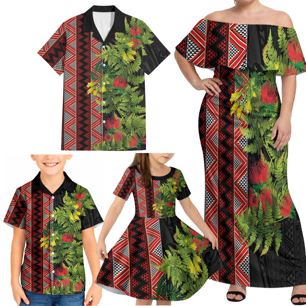 Maori Tukutuku Family Matching Off Shoulder Maxi Dress and Hawaiian Shirt with Ferns Pohutukawa and Kowhai Tribal Moko Patterns