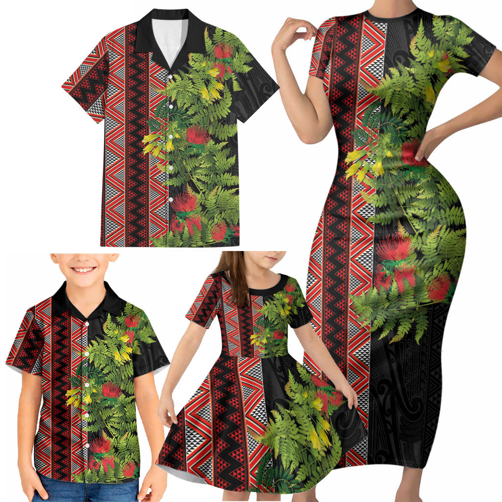Maori Tukutuku Family Matching Short Sleeve Bodycon Dress and Hawaiian Shirt with Ferns Pohutukawa and Kowhai Tribal Moko Patterns