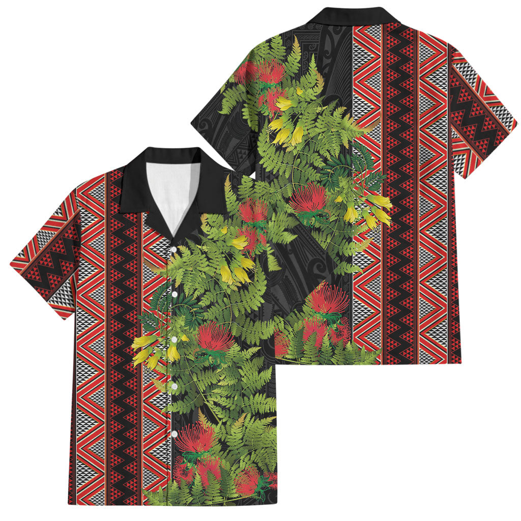 Maori Tukutuku Family Matching Short Sleeve Bodycon Dress and Hawaiian Shirt with Ferns Pohutukawa and Kowhai Tribal Moko Patterns