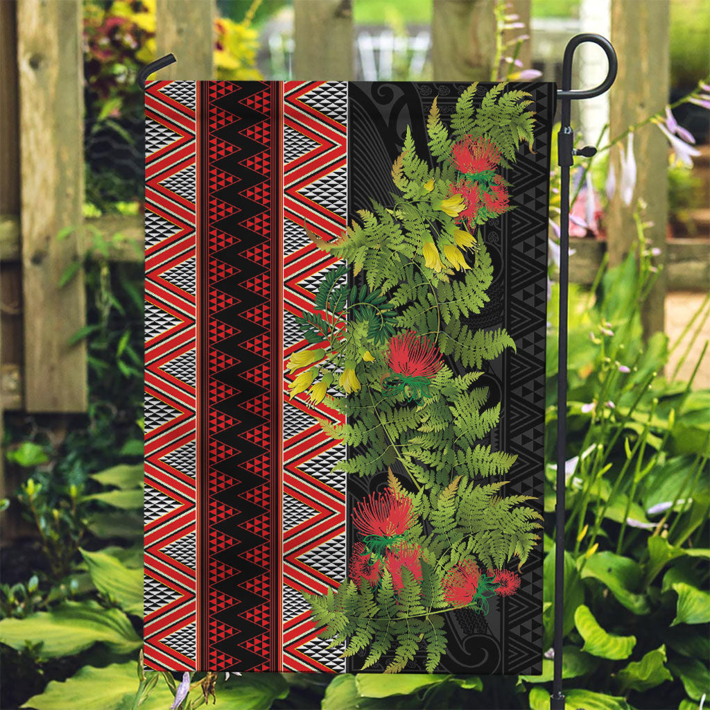 Maori Tukutuku Garden Flag with Ferns Pohutukawa and Kowhai Tribal Moko Patterns