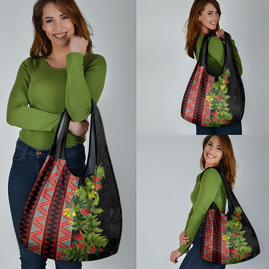 Maori Tukutuku Grocery Bag with Ferns Pohutukawa and Kowhai Tribal Moko Patterns