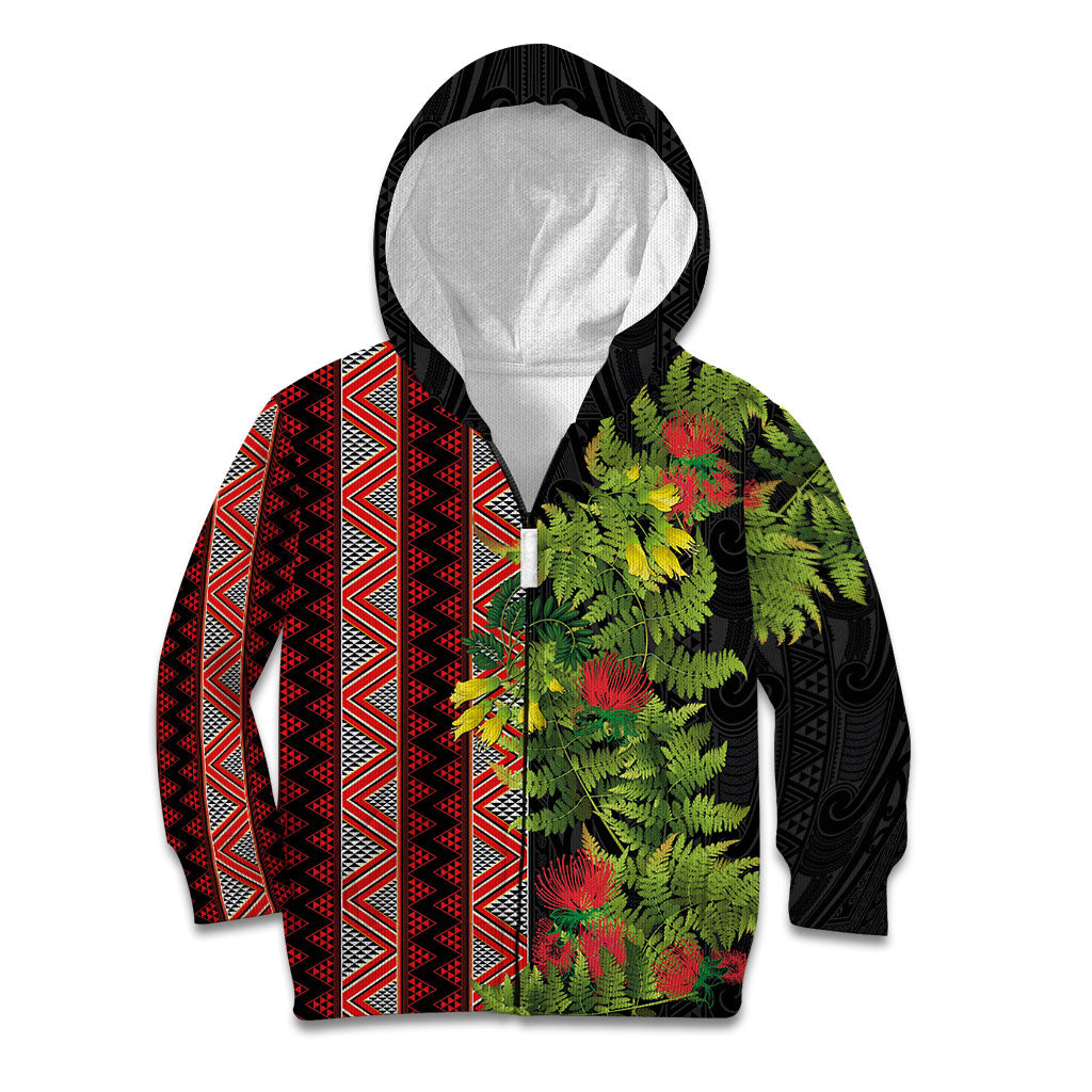 Maori Tukutuku Kid Hoodie with Ferns Pohutukawa and Kowhai Tribal Moko Patterns