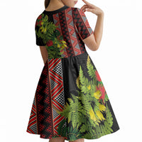 Maori Tukutuku Kid Short Sleeve Dress with Ferns Pohutukawa and Kowhai Tribal Moko Patterns