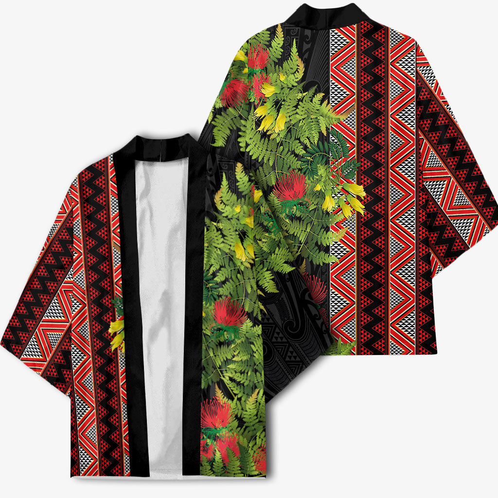 Maori Tukutuku Kimono with Ferns Pohutukawa and Kowhai Tribal Moko Patterns