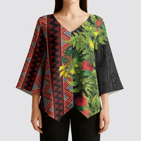 Maori Tukutuku Kimono Sleeve Blouse with Ferns Pohutukawa and Kowhai Tribal Moko Patterns
