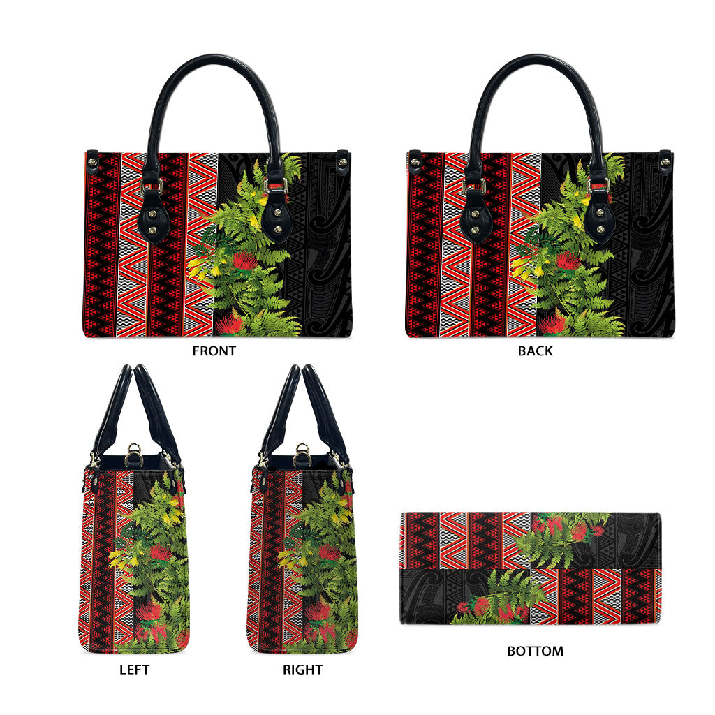Maori Tukutuku Leather Bag with Ferns Pohutukawa and Kowhai Tribal Moko Patterns