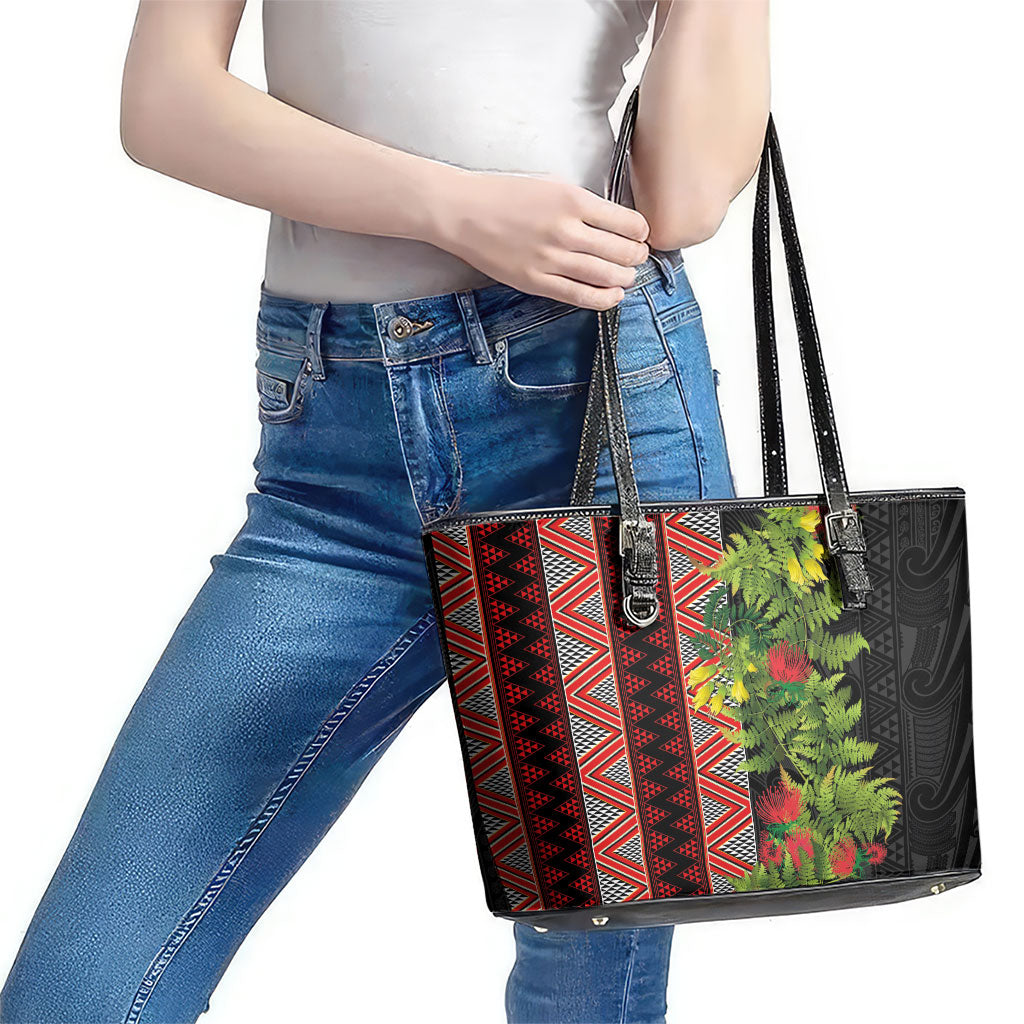 Maori Tukutuku Leather Tote Bag with Ferns Pohutukawa and Kowhai Tribal Moko Patterns