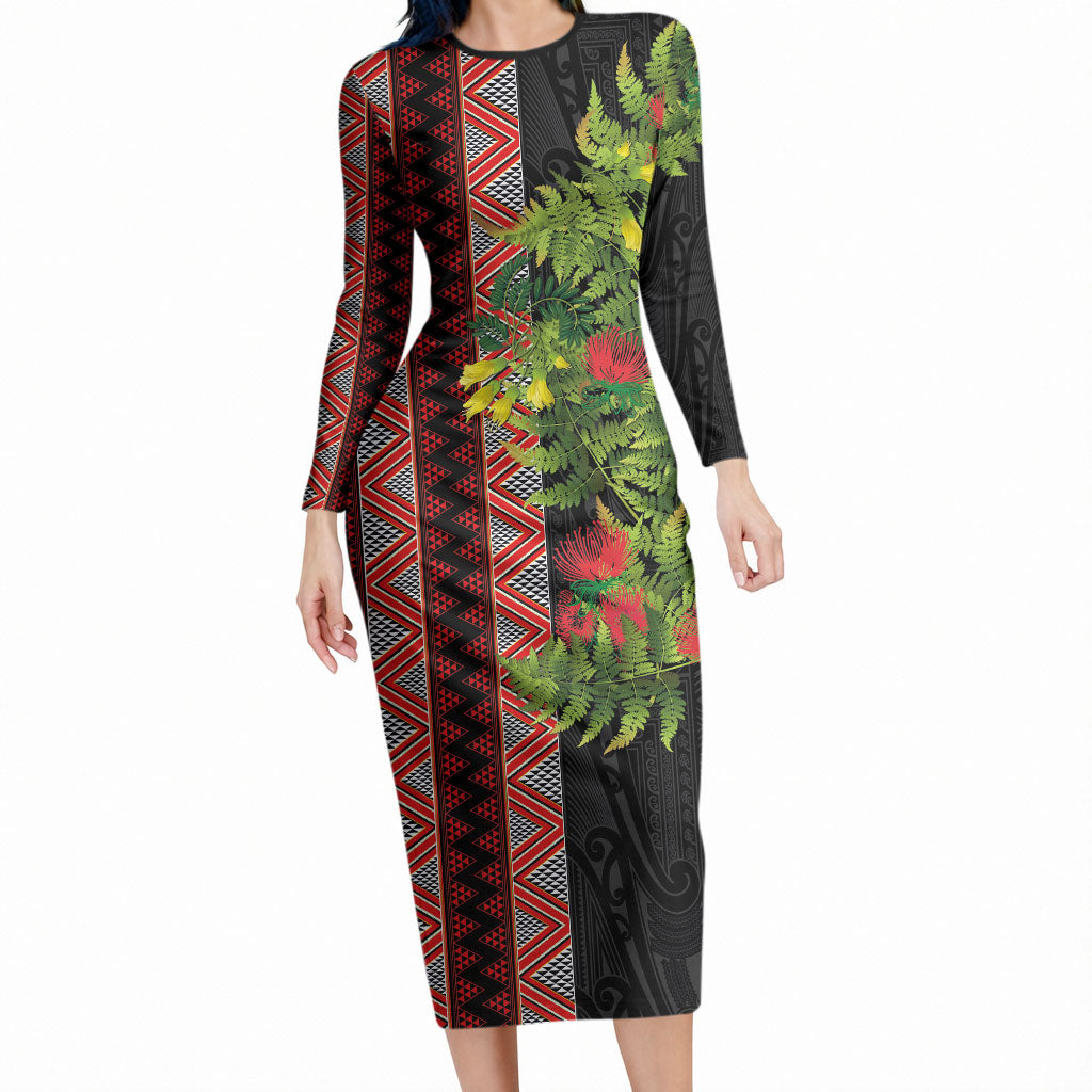 Maori Tukutuku Long Sleeve Bodycon Dress with Ferns Pohutukawa and Kowhai Tribal Moko Patterns
