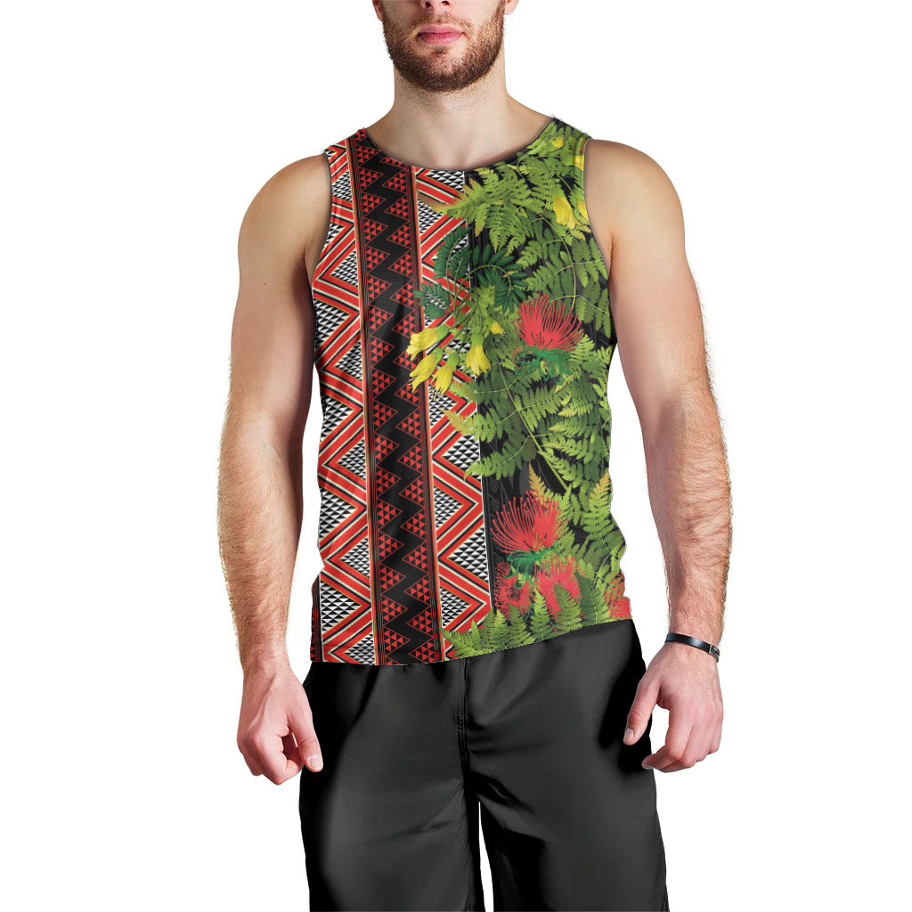 Maori Tukutuku Men Tank Top with Ferns Pohutukawa and Kowhai Tribal Moko Patterns