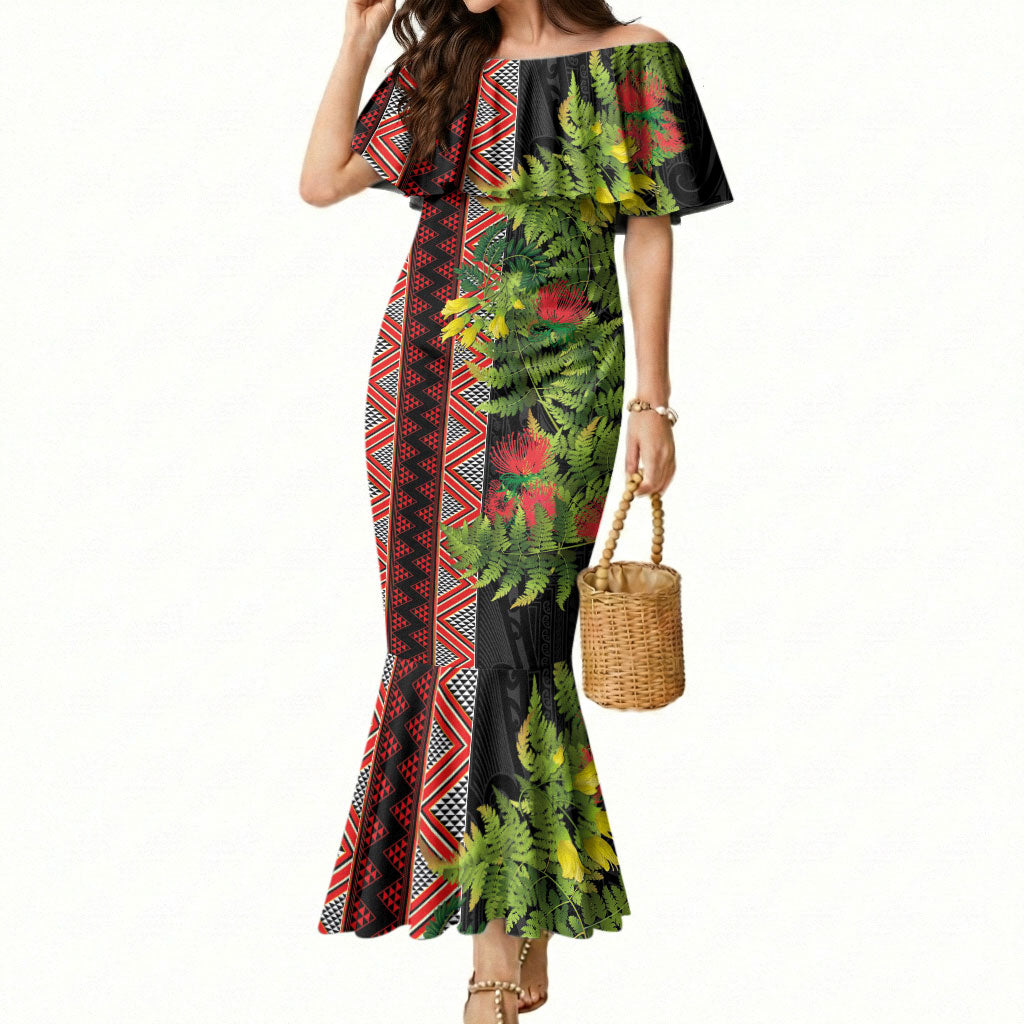 Maori Tukutuku Mermaid Dress with Ferns Pohutukawa and Kowhai Tribal Moko Patterns