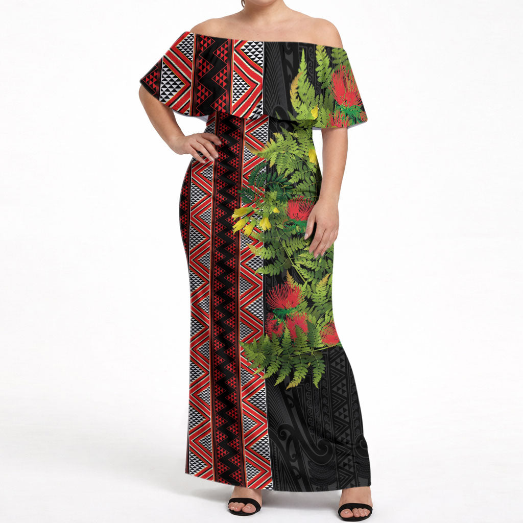 Maori Tukutuku Off Shoulder Maxi Dress with Ferns Pohutukawa and Kowhai Tribal Moko Patterns