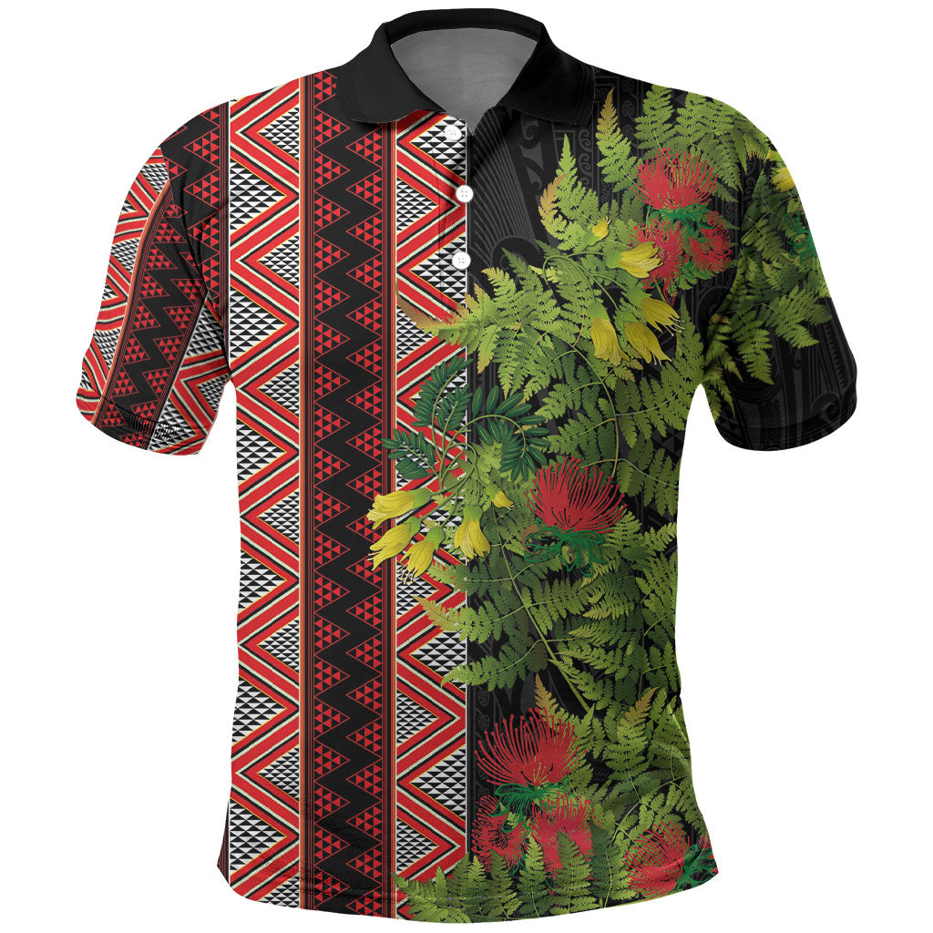 Maori Tukutuku Polo Shirt with Ferns Pohutukawa and Kowhai Tribal Moko Patterns LT03 Multicolor - Polynesian Pride