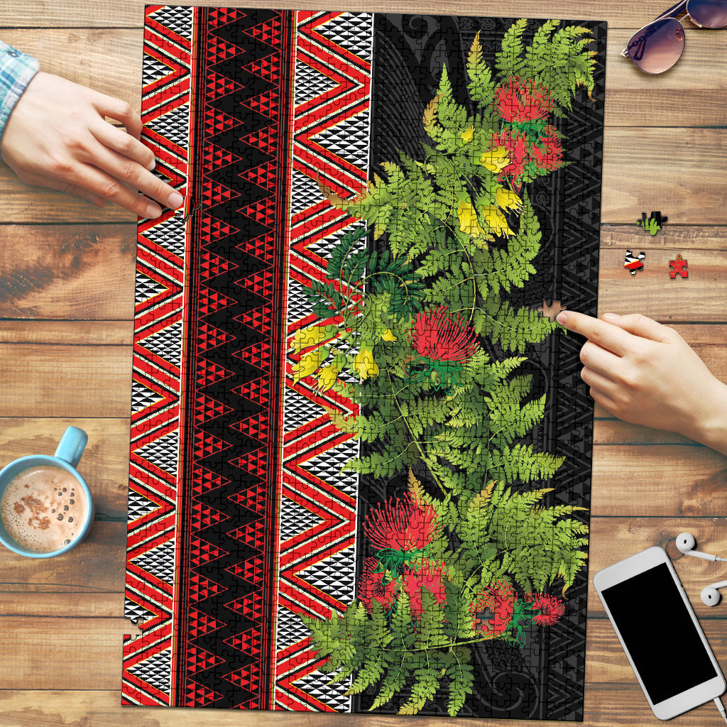 Maori Tukutuku Puzzle with Ferns Pohutukawa and Kowhai Tribal Moko Patterns