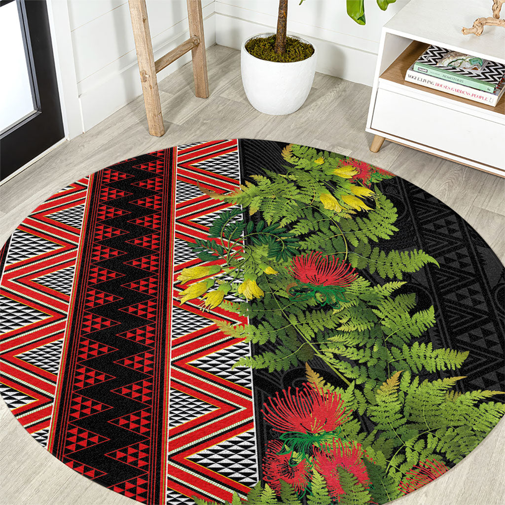 Maori Tukutuku Round Carpet with Ferns Pohutukawa and Kowhai Tribal Moko Patterns LT03 Multicolor - Polynesian Pride