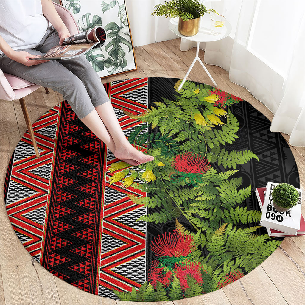 Maori Tukutuku Round Carpet with Ferns Pohutukawa and Kowhai Tribal Moko Patterns