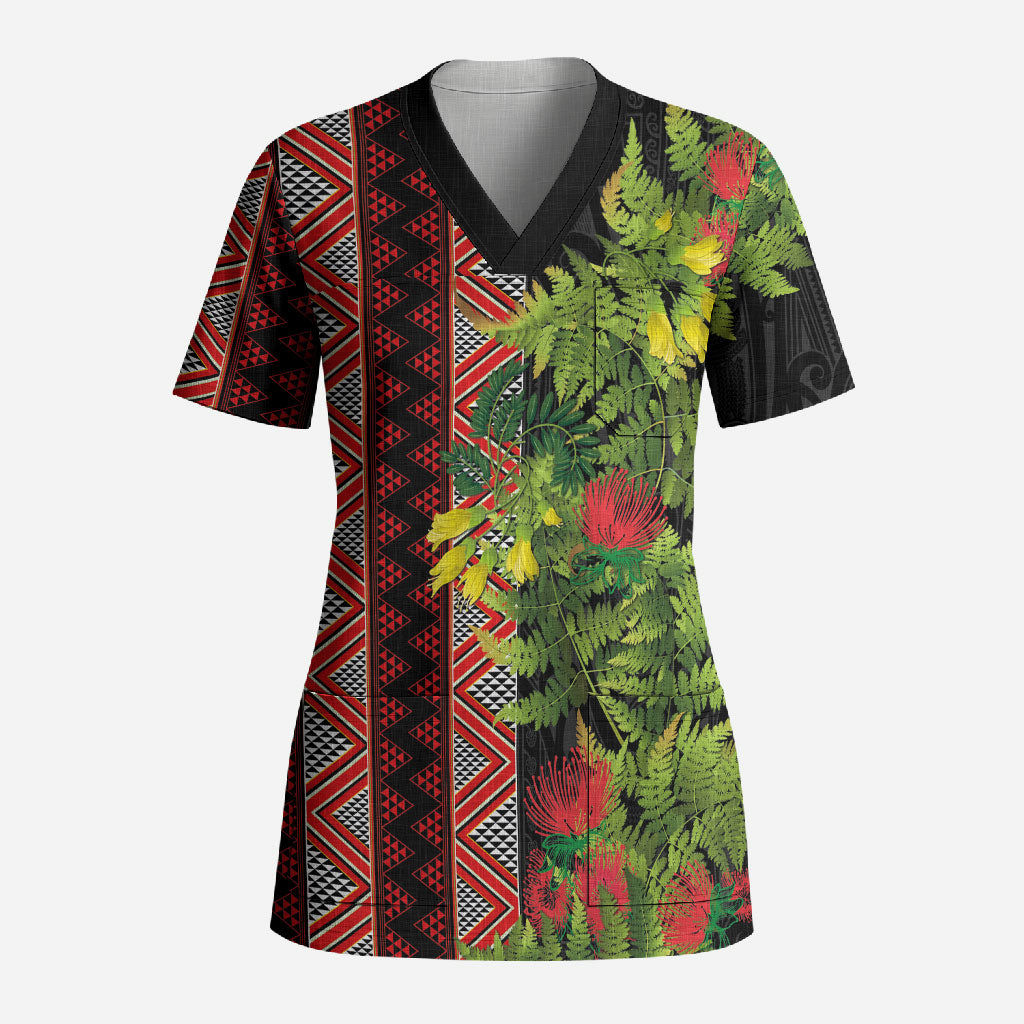 Maori Tukutuku Scrub Top with Ferns Pohutukawa and Kowhai Tribal Moko Patterns LT03 Adult Multicolor - Polynesian Pride