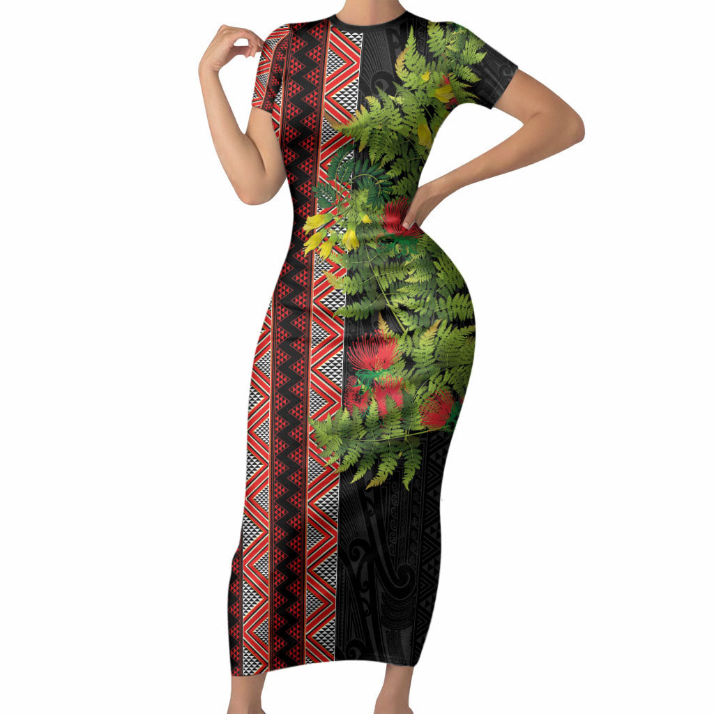 Maori Tukutuku Short Sleeve Bodycon Dress with Ferns Pohutukawa and Kowhai Tribal Moko Patterns