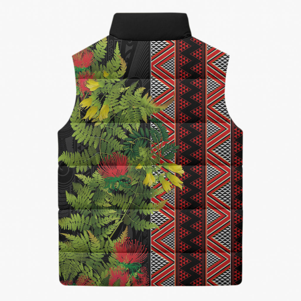 Maori Tukutuku Sleeveless Puffer Jacket with Ferns Pohutukawa and Kowhai Tribal Moko Patterns