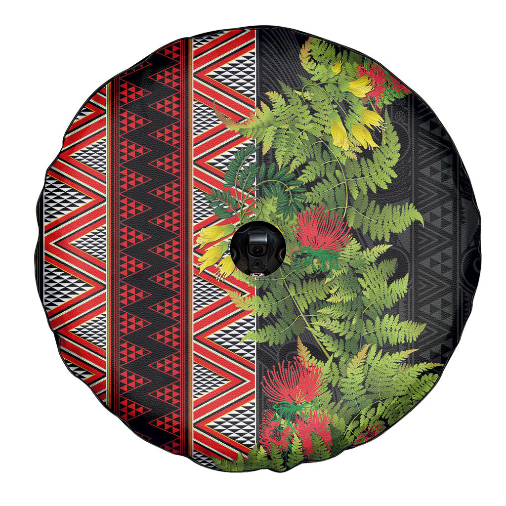 Maori Tukutuku Spare Tire Cover with Ferns Pohutukawa and Kowhai Tribal Moko Patterns