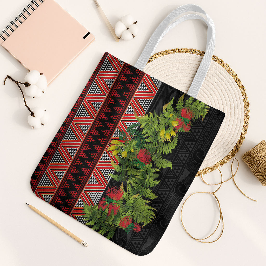 Maori Tukutuku Tote Bag with Ferns Pohutukawa and Kowhai Tribal Moko Patterns