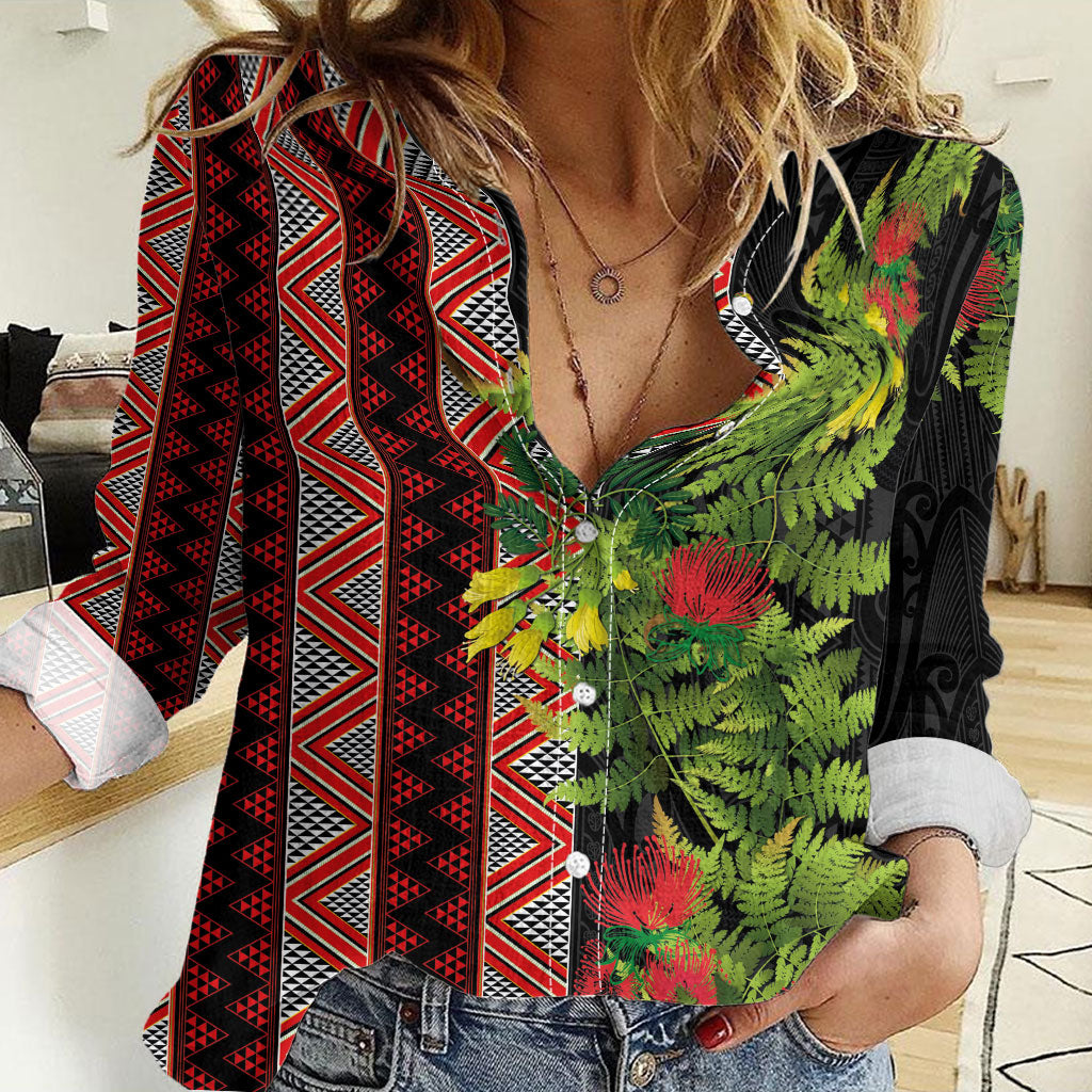 Maori Tukutuku Women Casual Shirt with Ferns Pohutukawa and Kowhai Tribal Moko Patterns