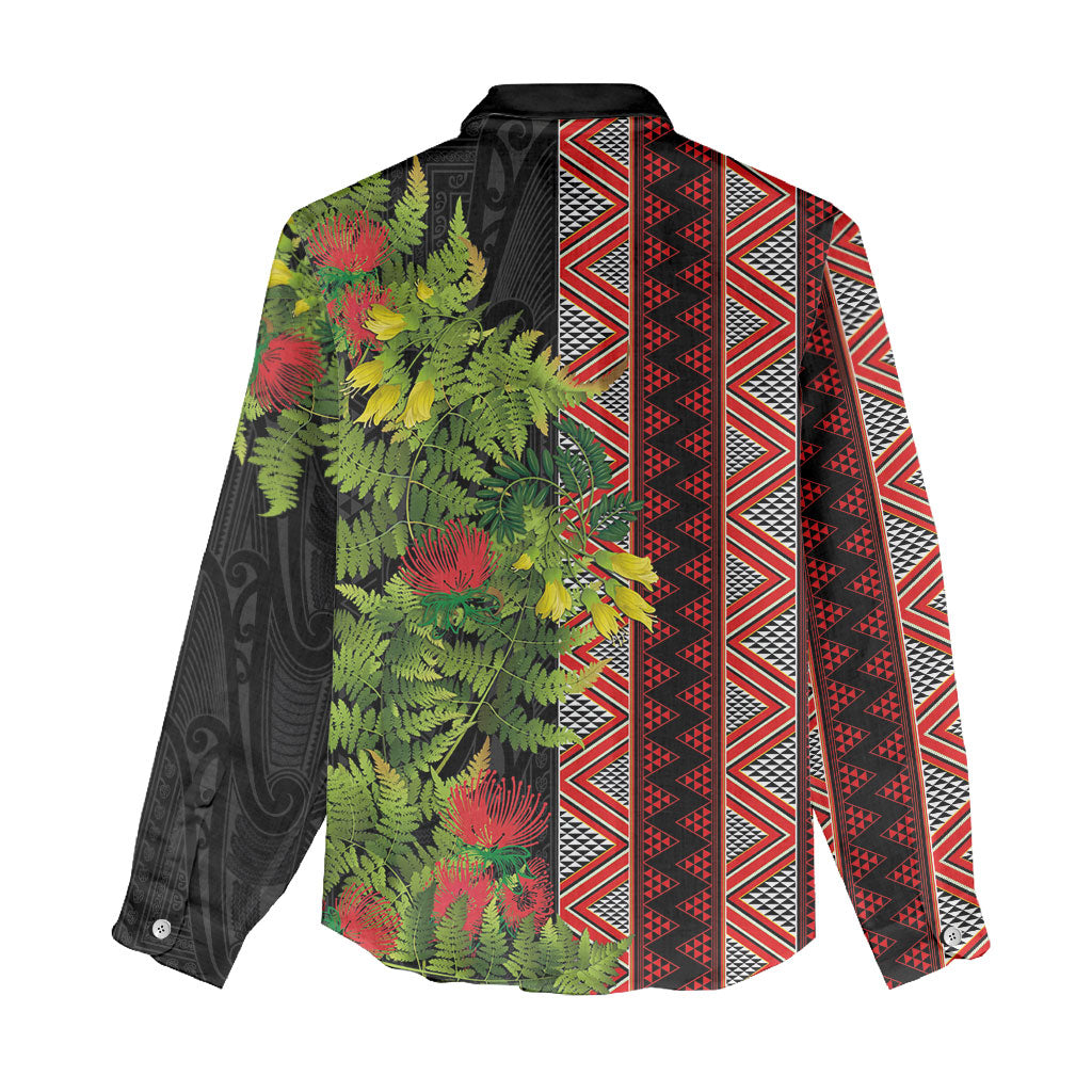 Maori Tukutuku Women Casual Shirt with Ferns Pohutukawa and Kowhai Tribal Moko Patterns