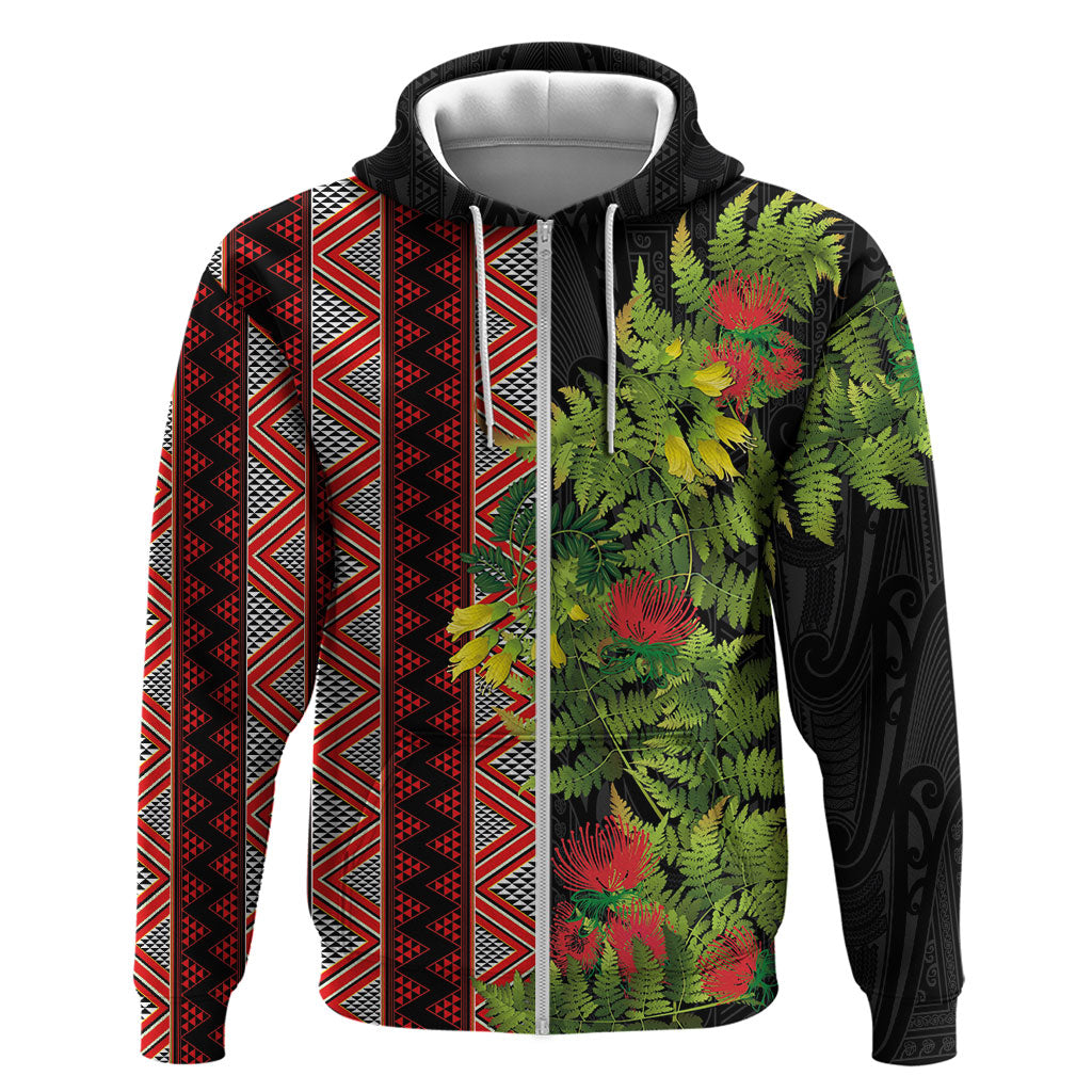 Maori Tukutuku Zip Hoodie with Ferns Pohutukawa and Kowhai Tribal Moko Patterns