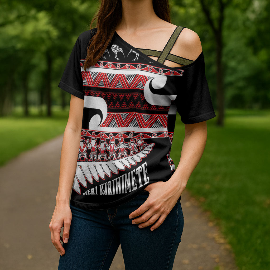 New Zealand Christmas Cross Shoulder Shirt Funny Santa Claus Haka Dance with Tukutuku