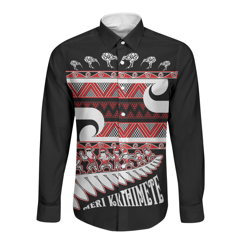New Zealand Christmas Long Sleeve Button Shirt Funny Santa Claus Haka Dance with Tukutuku