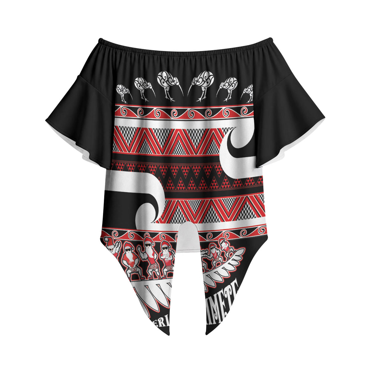 New Zealand Christmas Off Shoulder Wrap Waist Top Funny Santa Claus Haka Dance with Tukutuku LT03 Multicolor - Polynesian Pride