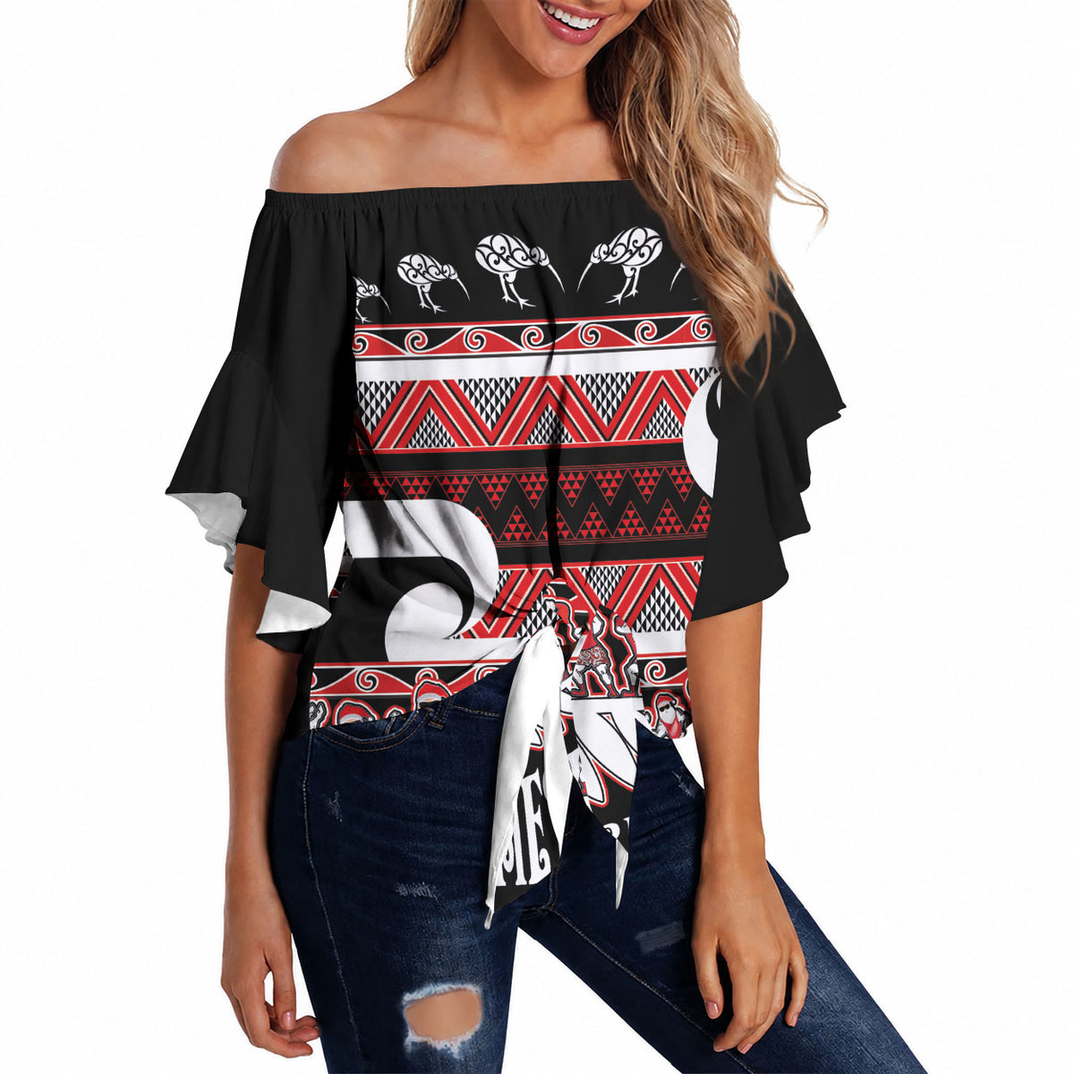 New Zealand Christmas Off Shoulder Wrap Waist Top Funny Santa Claus Haka Dance with Tukutuku LT03 - Polynesian Pride
